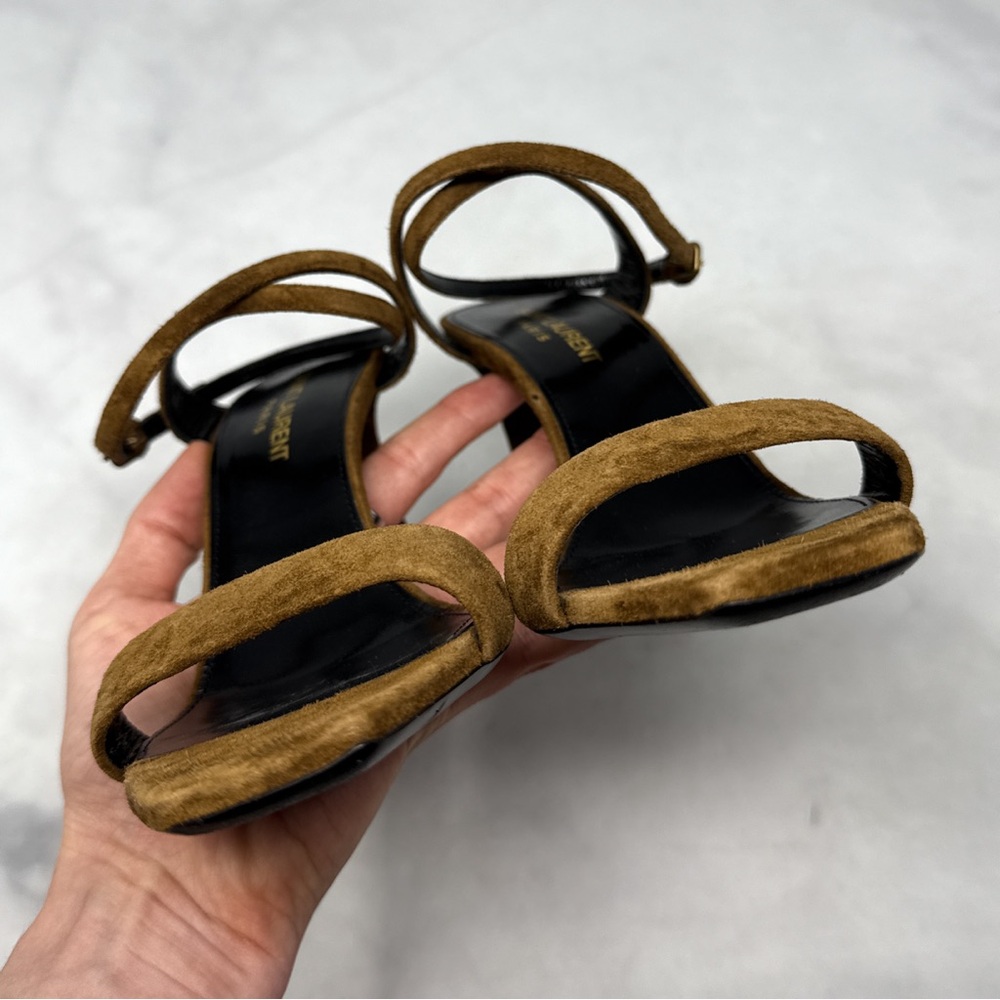 Saint Laurent Bea Bow Suede Square Toe Ankle Wrap Strap Sandal Heels Brown 37 - Picture 7 of 14